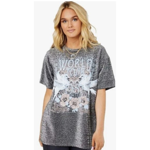 Altar'd State Shimmer Glitter World Tour 1987 Oversized Tee Size XSmall NEW - Picture 2 of 8
